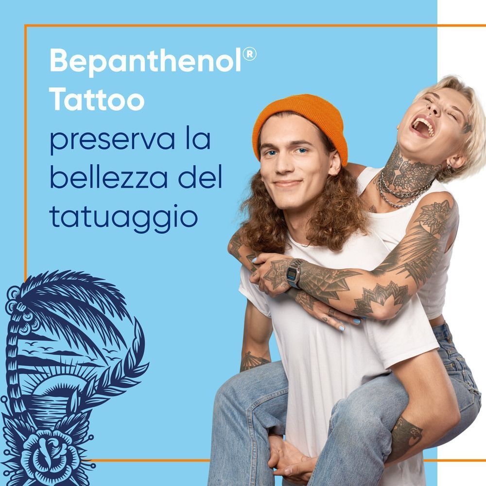 Coppia felice con tatuaggi, crema solare Bepanthenol Tattoo.