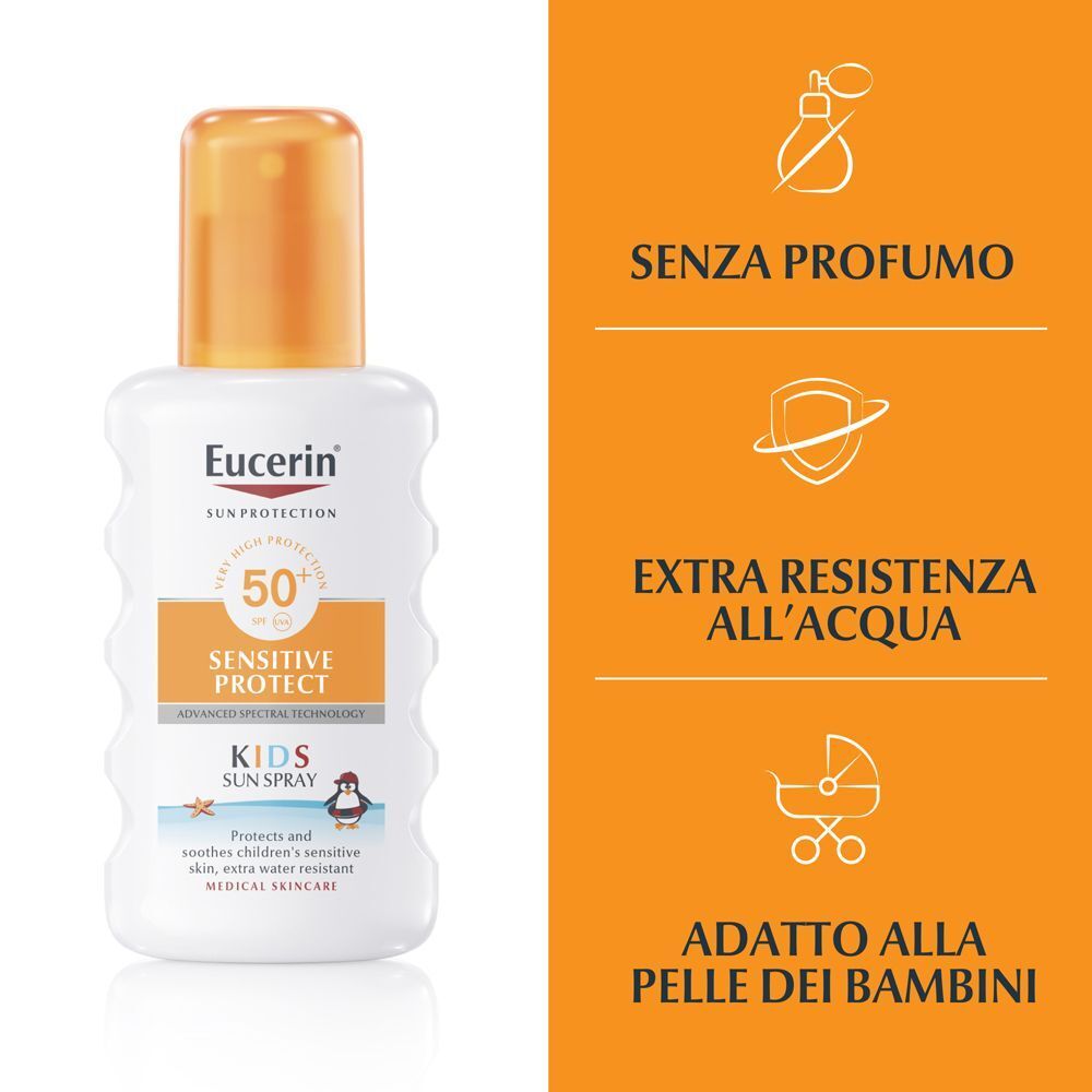 Flacone Eucerin Sensitive Protect Kids Sun Spray SPF 50+ con icone per senza profumo, extra resistente all'acqua e adatto alla pelle dei bambini.