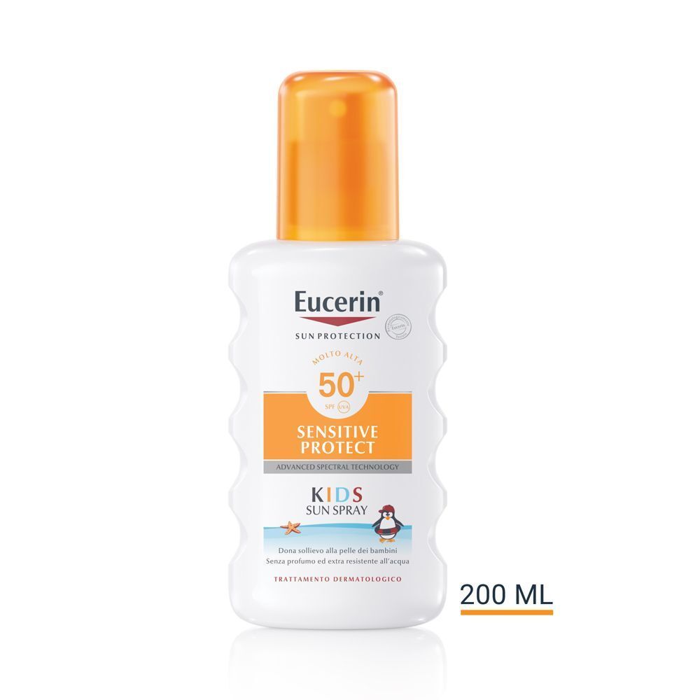 Flacone Eucerin Sensitive Protect Kids Sun Spray SPF 50+ con erogatore spray arancione, 200 ml.