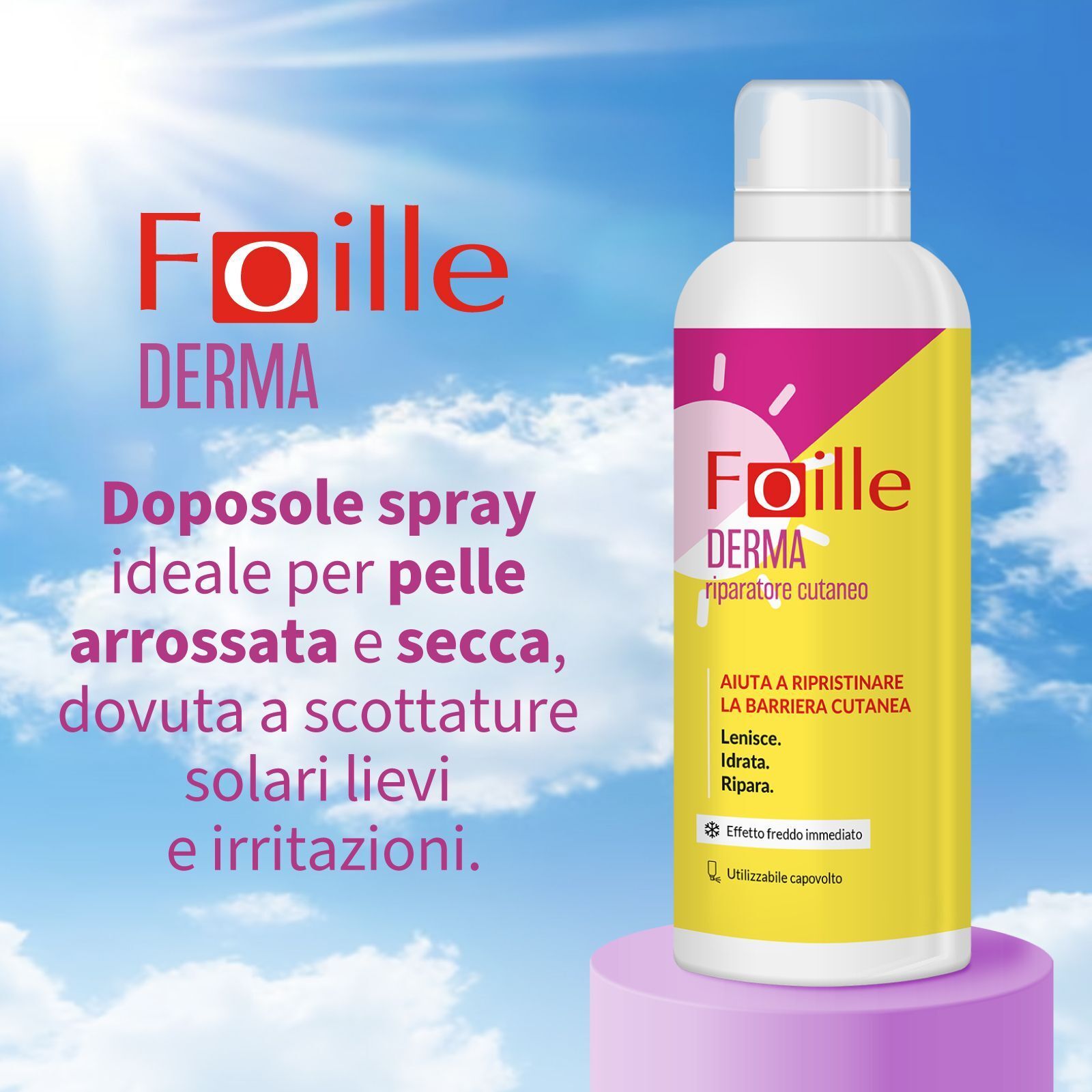 Foille Derma Spray Riparatore Cutaneo su un piedistallo davanti a un cielo blu.