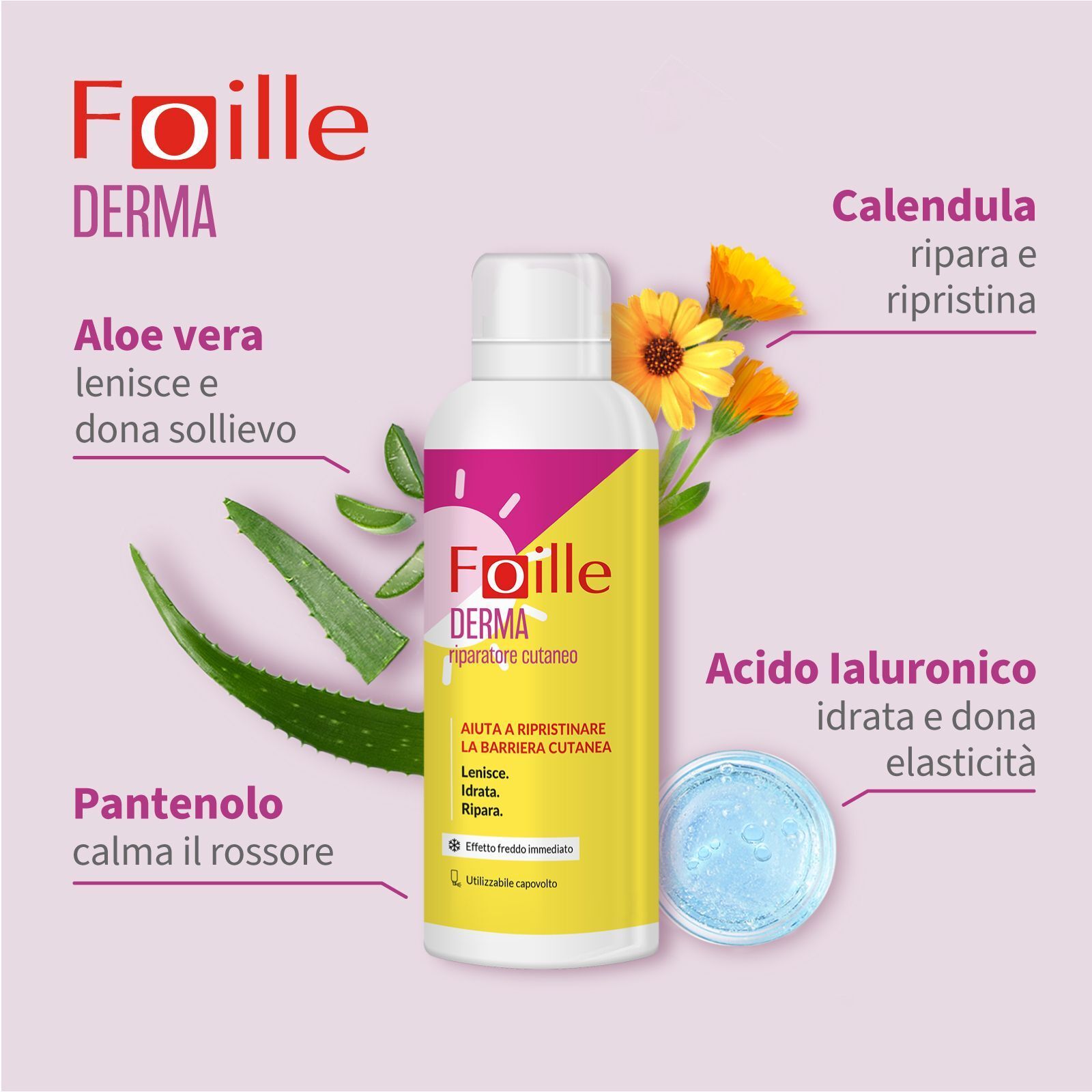 Foille Derma Spray Riparatore Cutaneo con Aloe Vera, Calendula e Acido Ialuronico.