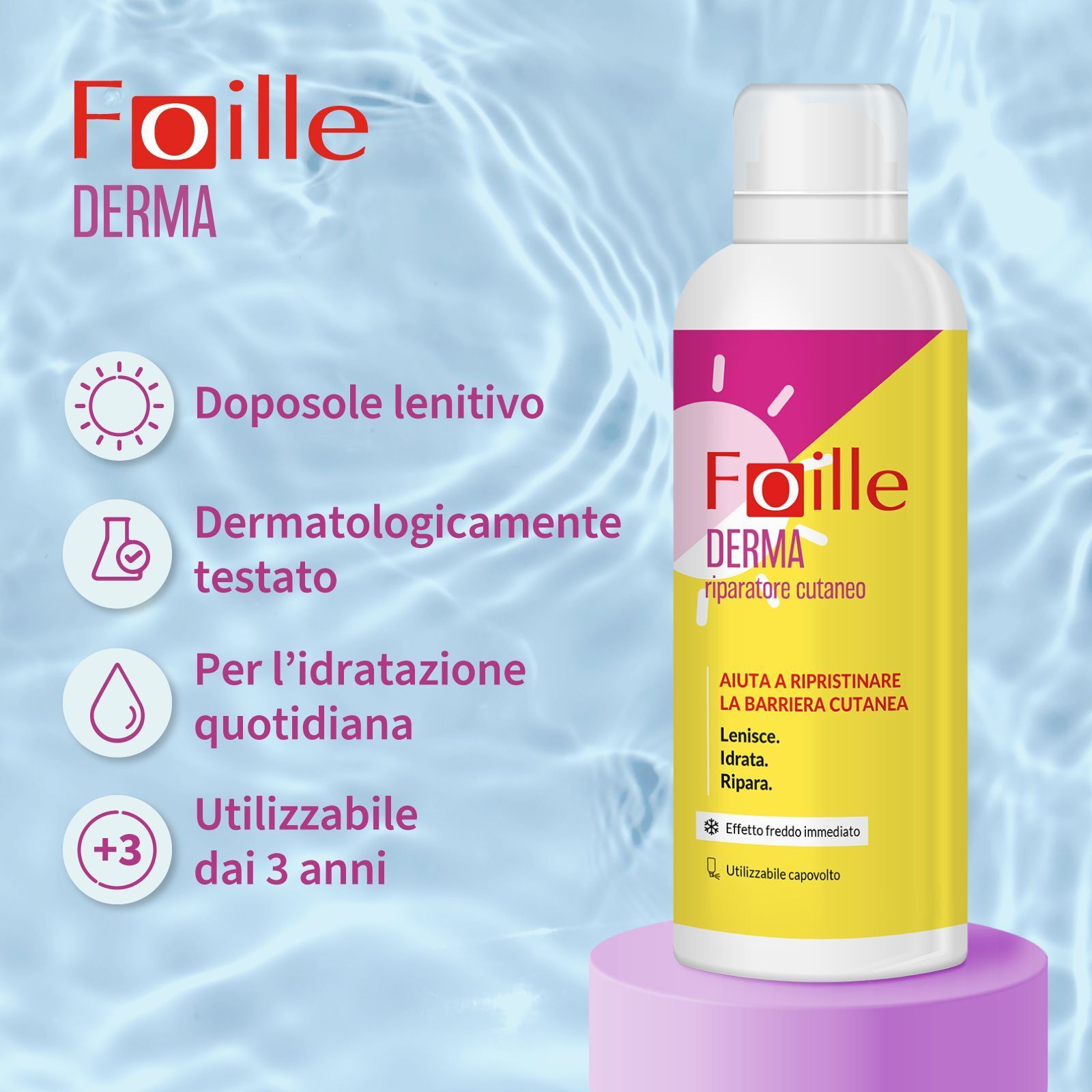Foille Derma Spray Riparatore Cutaneo con icone per un doposole lenitivo.