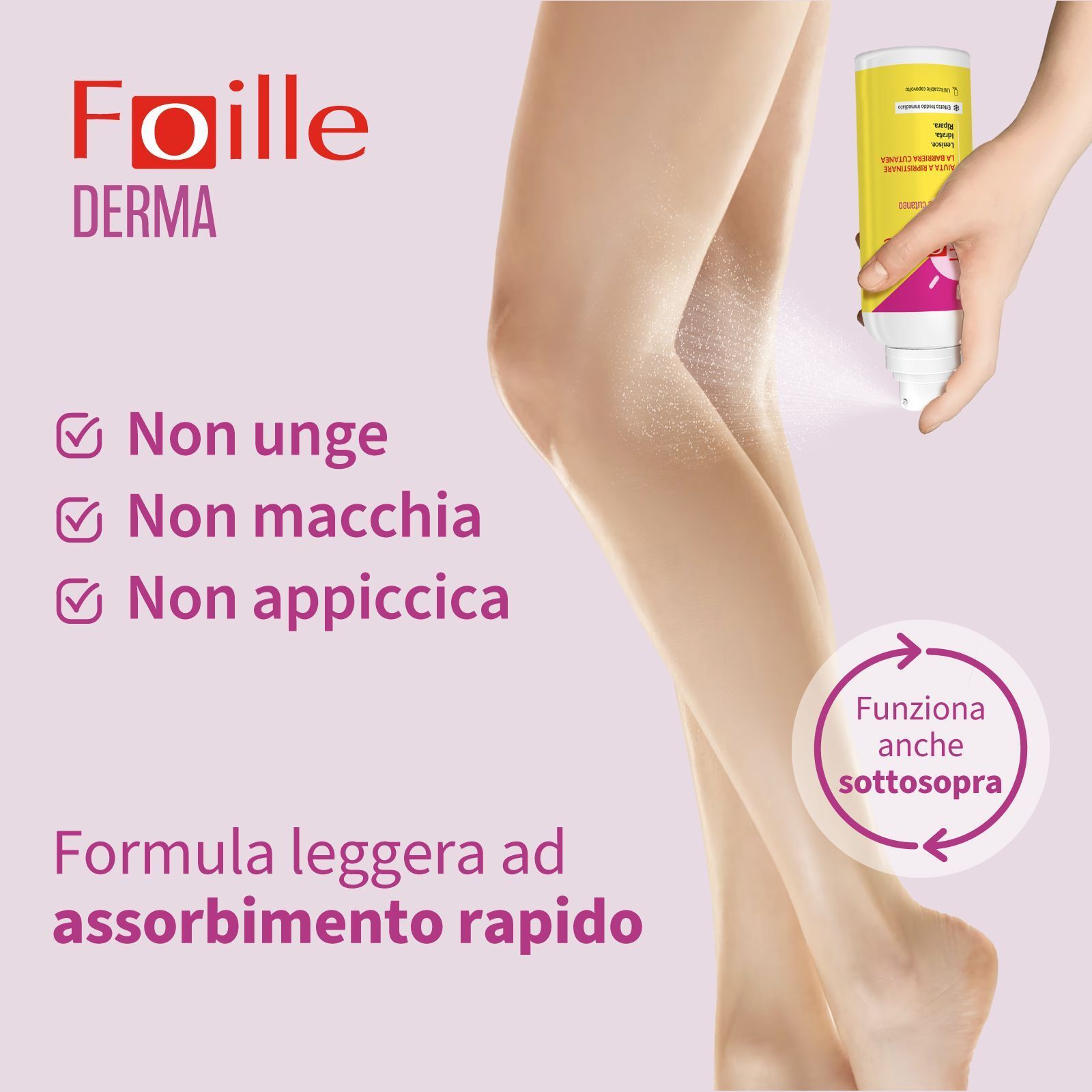 Foille Derma Spray Riparatore Cutaneo spruzzato sulle gambe, rapido assorbimento.