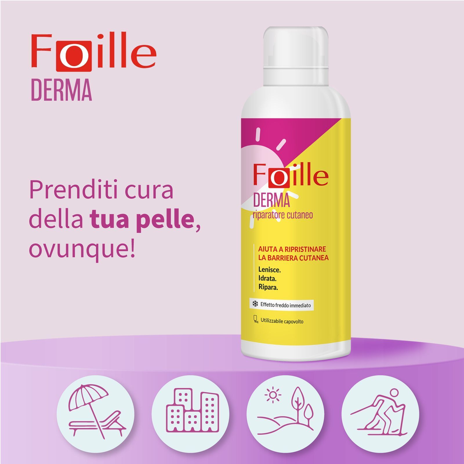 Foille Derma Spray Riparatore Cutaneo con icone per la cura della pelle ovunque.