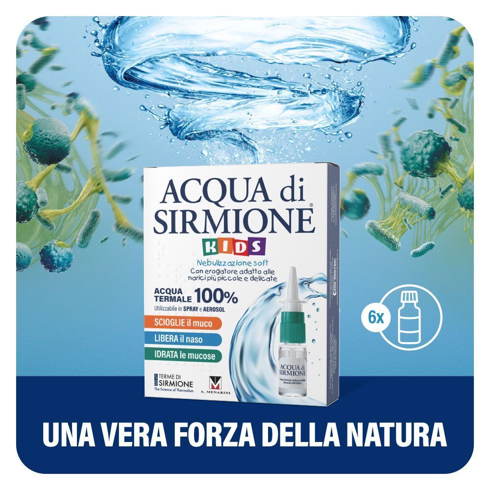 Confezione Acqua di Sirmione Kids con flaconcino spray, circondata da gocce d'acqua e microbi.