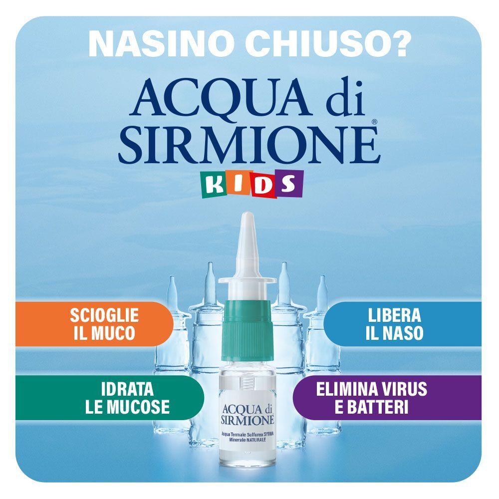 Spray nasale Acqua di Sirmione Kids con flaconcini sullo sfondo. Testo: 'Nasino Chiuso?'