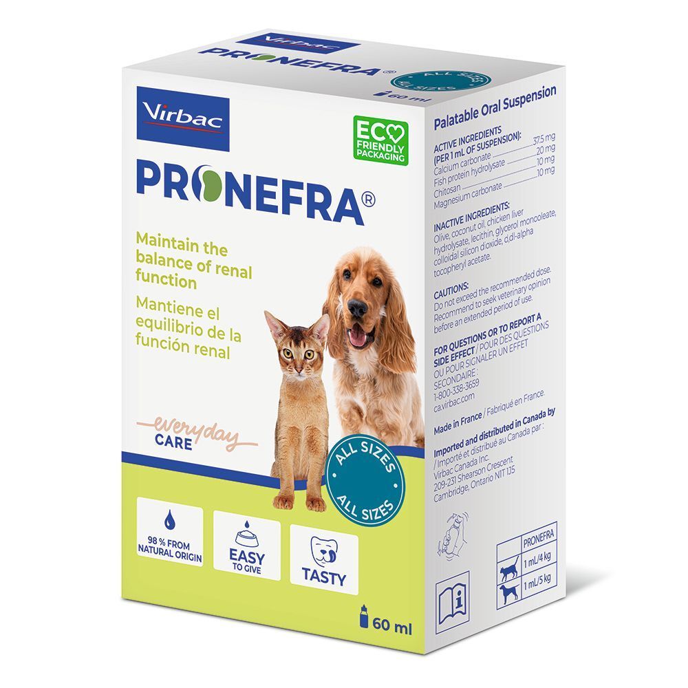 Virbac Pronefra Supporto Renale per cani e gatti: fronte della confezione con informazioni e immagini di cane e gatto.