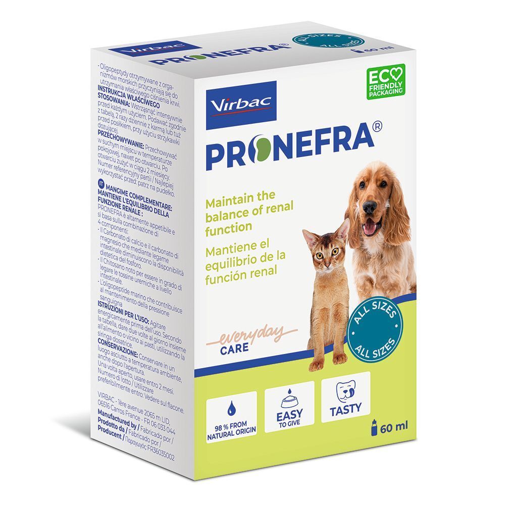 Virbac Pronefra Supporto Renale per cani e gatti: retro della confezione con istruzioni multilingue e informazioni sul prodotto.