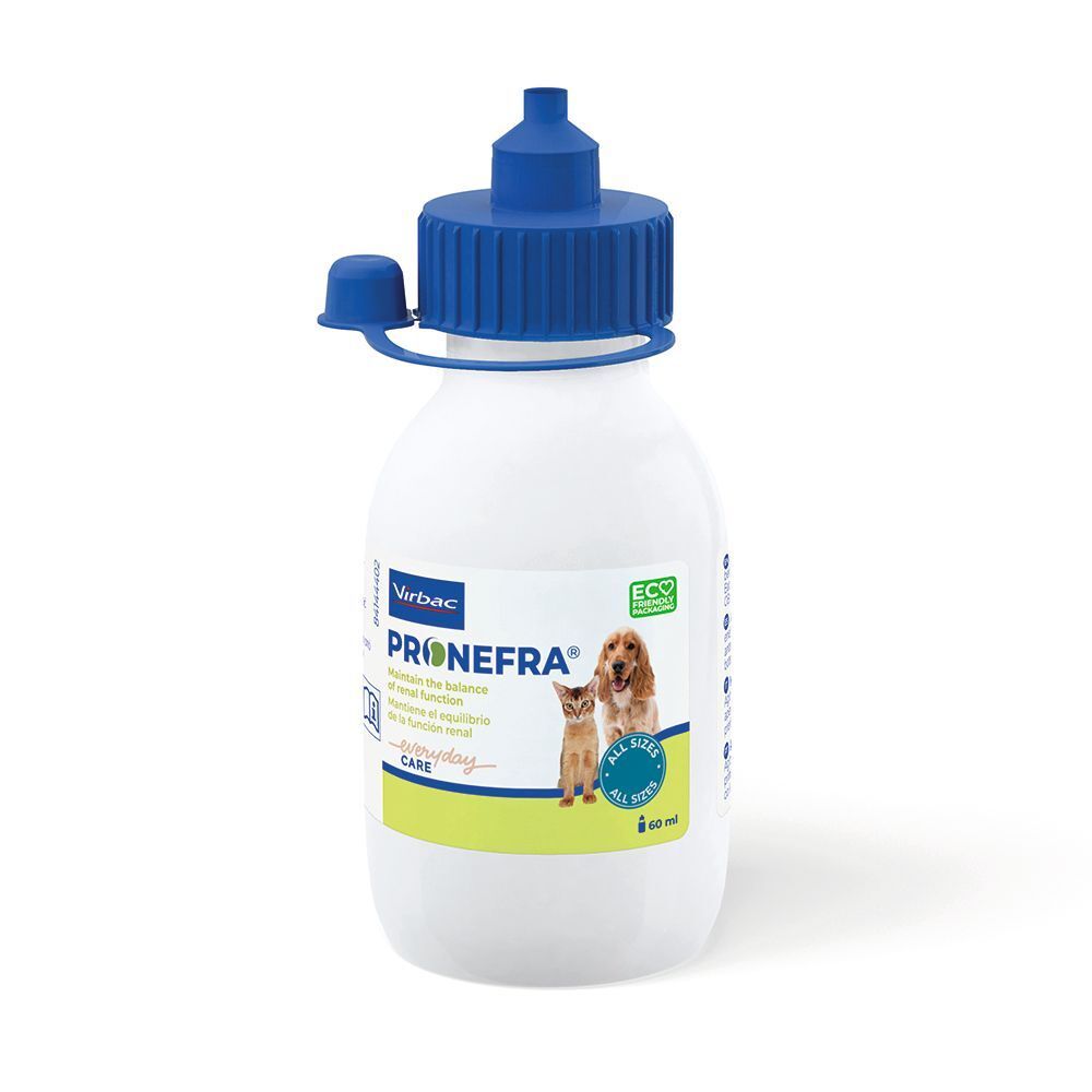 Virbac Pronefra Supporto Renale per cani e gatti: flacone bianco con tappo blu e siringa dosatrice accanto.