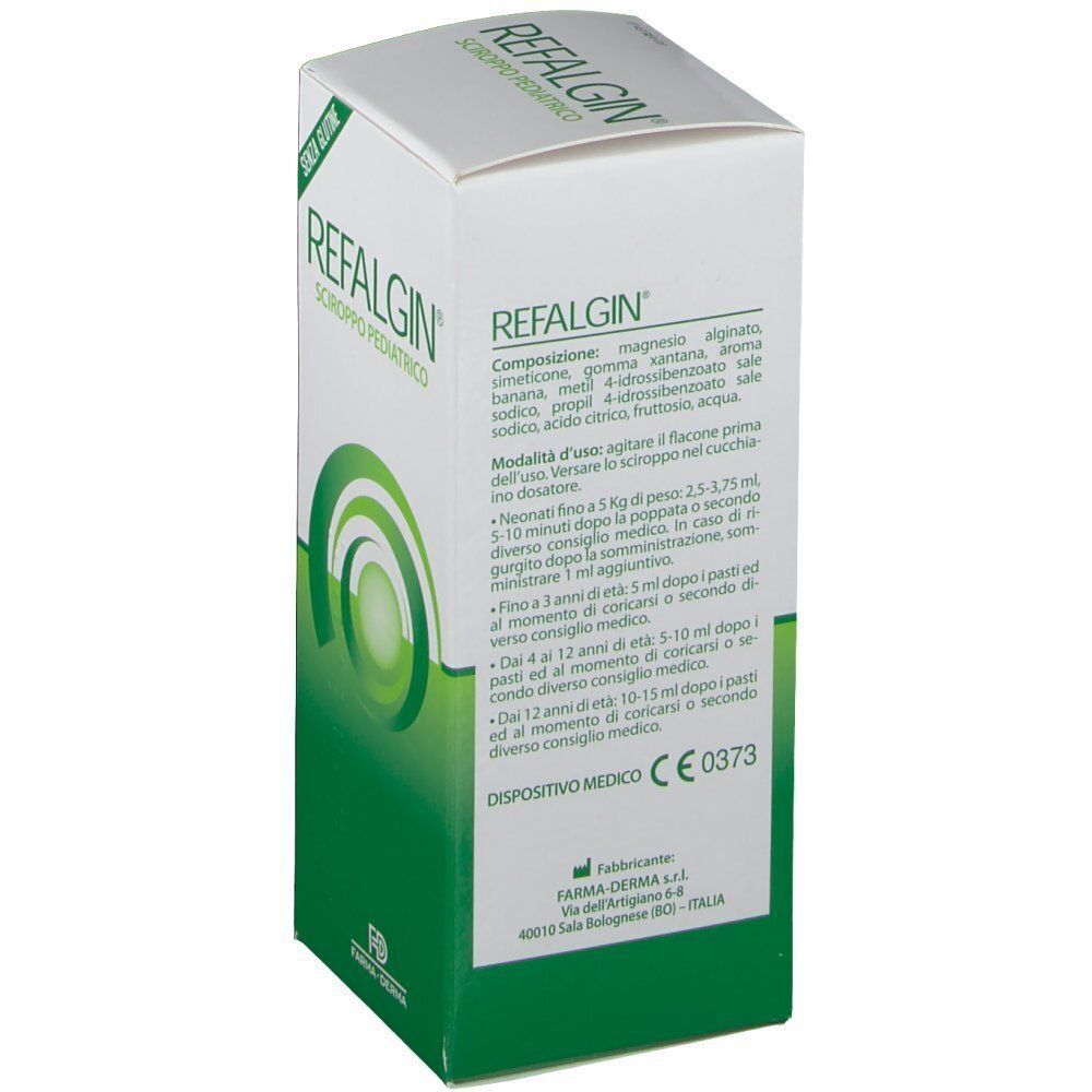 Vista laterale di una confezione di REFALGIN® Sciroppo Pediatrico con ingredienti.