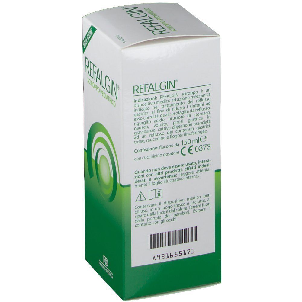 Retro di una scatola di sciroppo pediatrico REFALGIN® con informazioni sul prodotto e marchio CE.