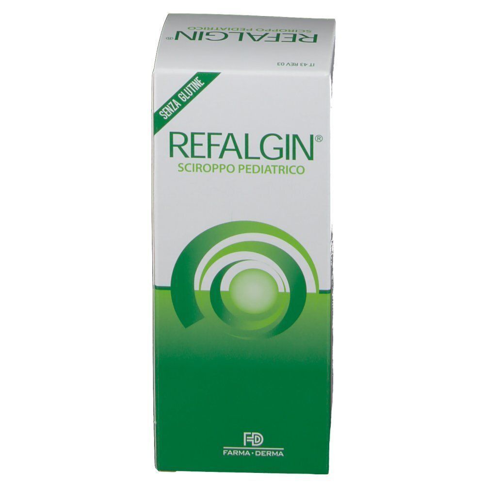 Lato frontale di una scatola di sciroppo pediatrico REFALGIN®, bianco con cerchi verdi e nome del prodotto.