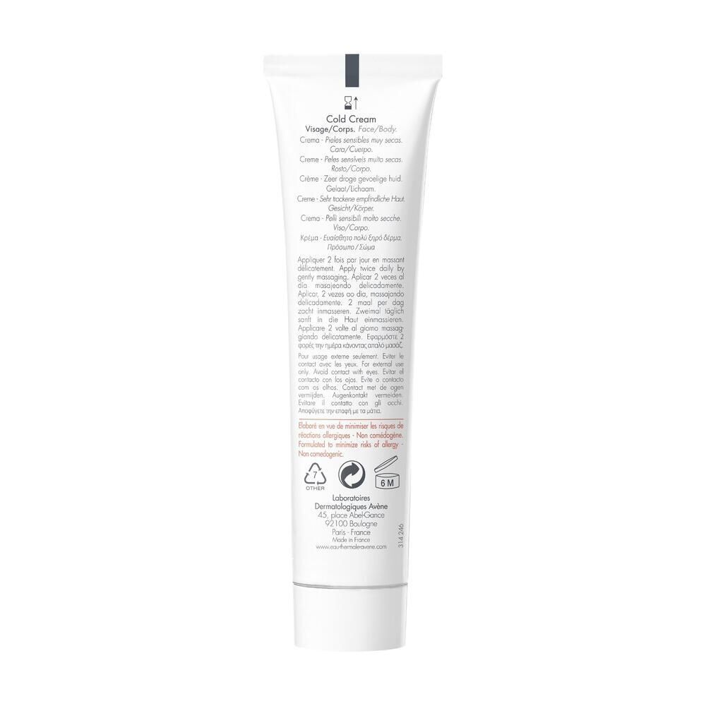 Retro di un tubo Eau Thermale Avène Cold Cream con istruzioni e simboli.