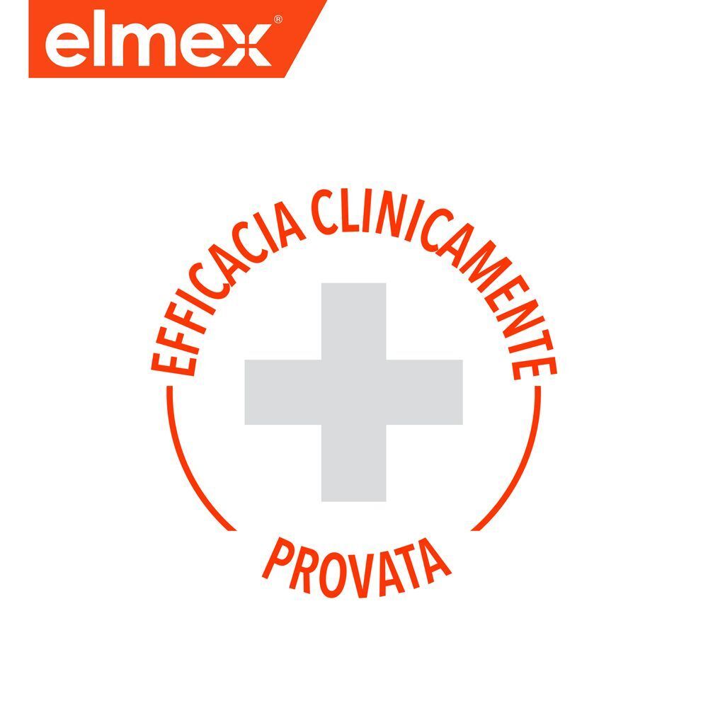 Logo Elmex® con cerchio e simbolo croce. Testo: 'Efficacia clinicamente provata'.