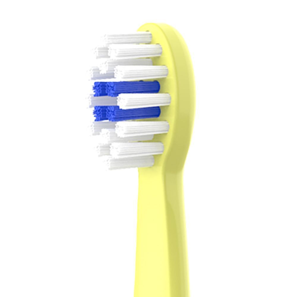 Primo piano della testina di uno spazzolino Elmex® giallo per bambini, con setole bianche e blu.