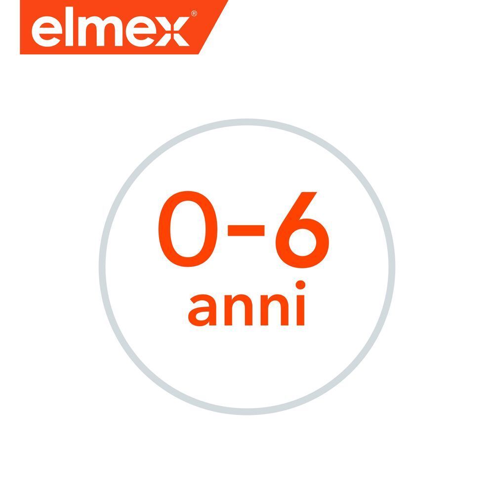 Logo Elmex sopra un cerchio con indicazione di età "0-6 anni".