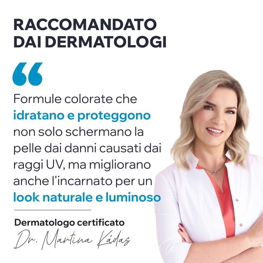 Ritratto di una dermatologa che spiega i benefici della crema colorata.