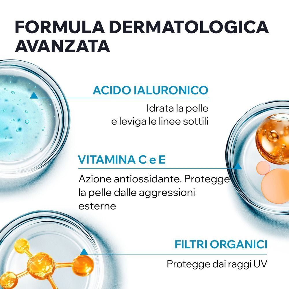Rappresentazione di acido ialuronico, vitamine C+E e filtri organici in contenitori da laboratorio.
