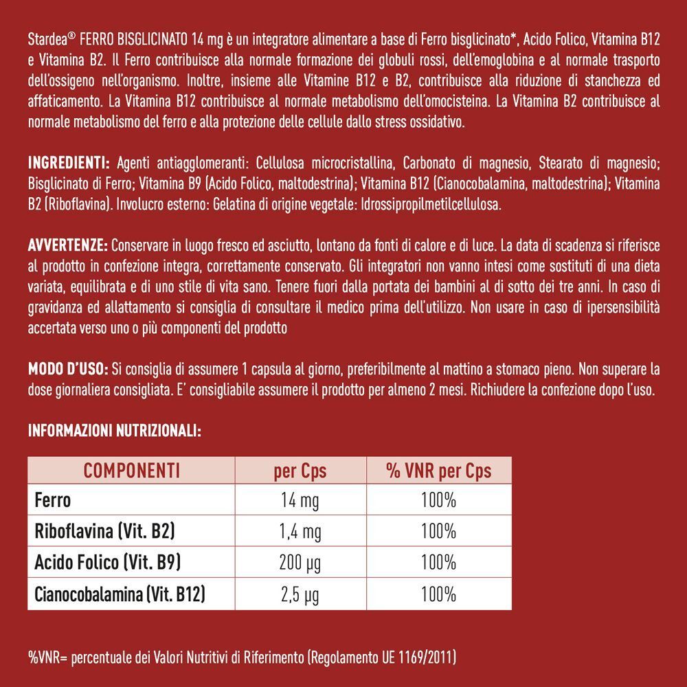 Retro di un flacone di Stardea Ferro Bisglicinato 14 mg con informazioni dettagliate su ingredienti e uso.