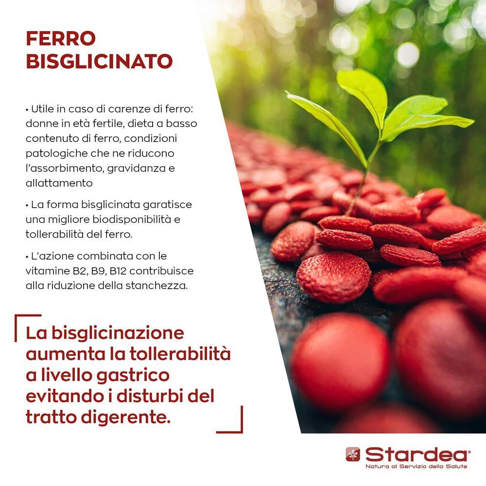 Primo piano di globuli rossi e una pianta in crescita, con testo sui benefici del Ferro Bisglicinato.