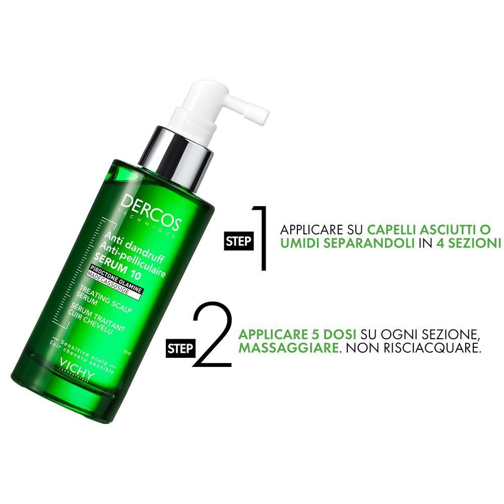 Flacone verde di Siero Dercos Anti-forfora 10 con erogatore. Step 1: Applicare su capelli asciutti o umidi. Step 2: Massaggiare 5 dosi per sezione.