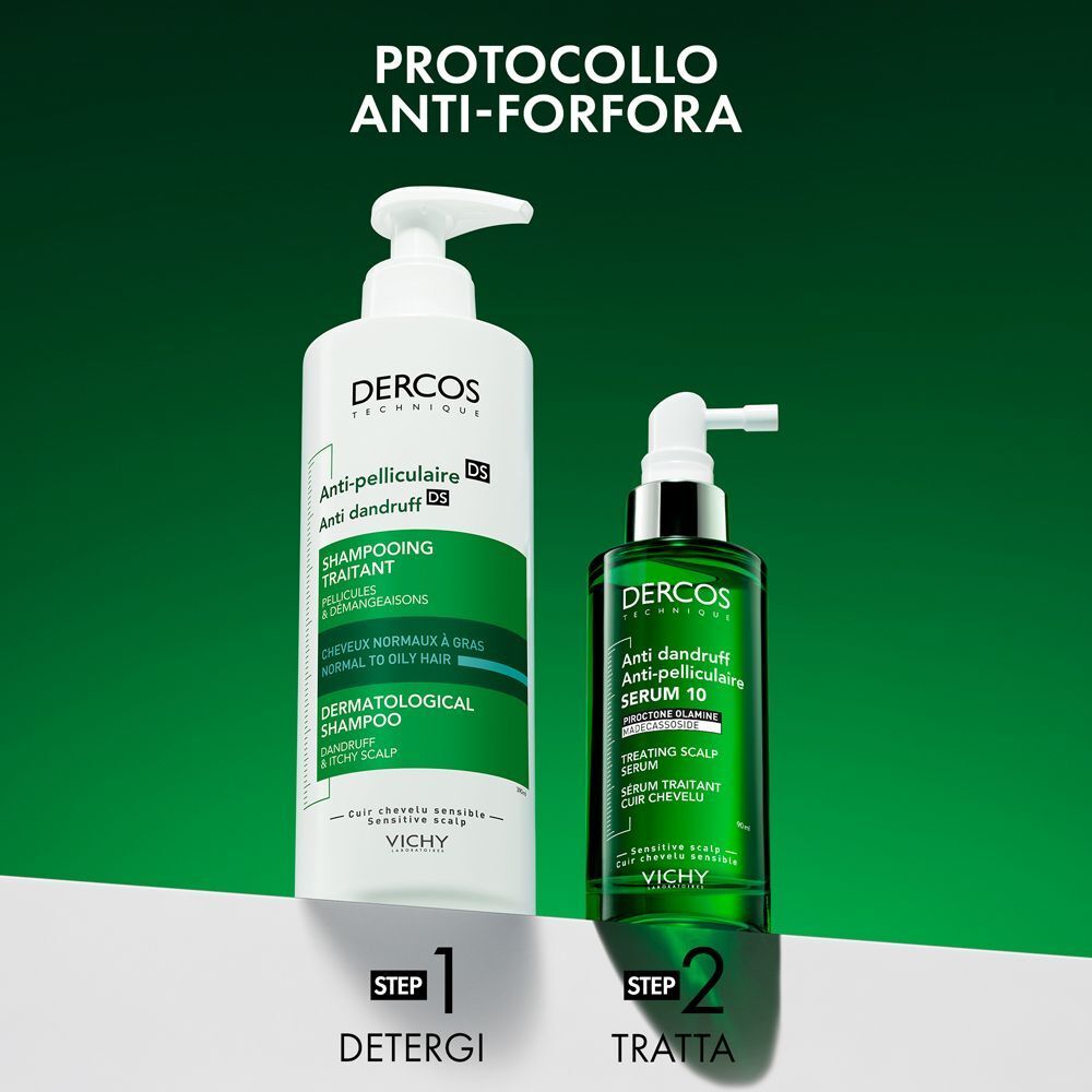 Un grande flacone di Shampoo Dercos Anti-forfora e un flacone verde di Siero Dercos Anti-forfora 10. Step 1: Detergi, Step 2: Tratta.