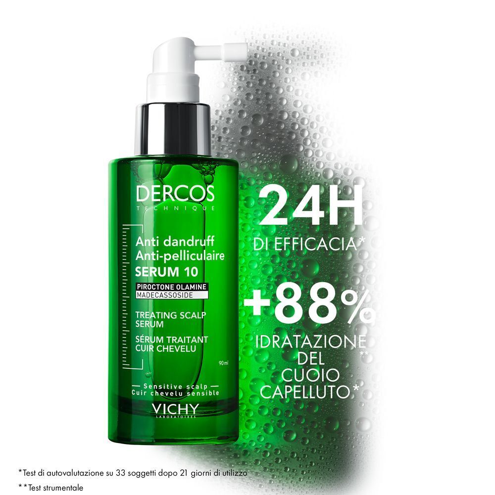 Flacone verde Vichy Dercos Siero Anti-forfora 10 con erogatore a pompa, mostra 24h di efficacia e 88% idratazione.