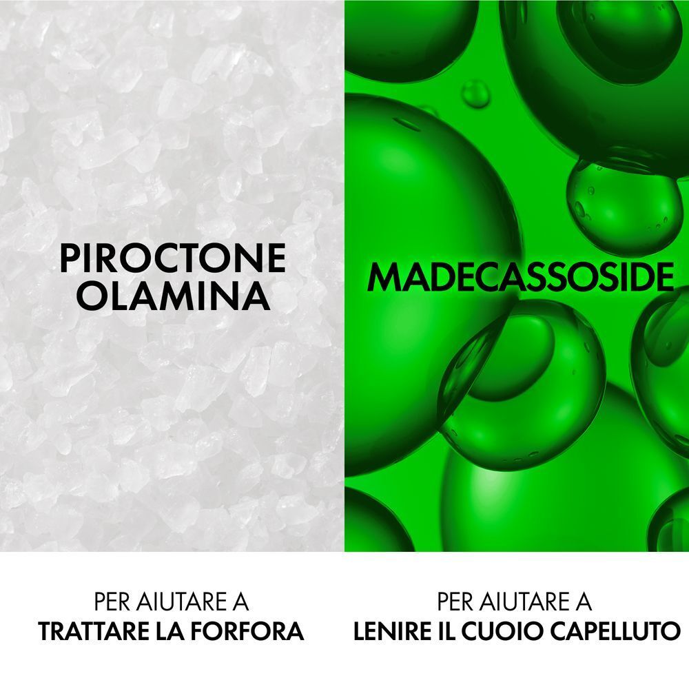 Schermo diviso mostra Piroctone Olamina per trattare la forfora e Madecassoside per lenire il cuoio capelluto.