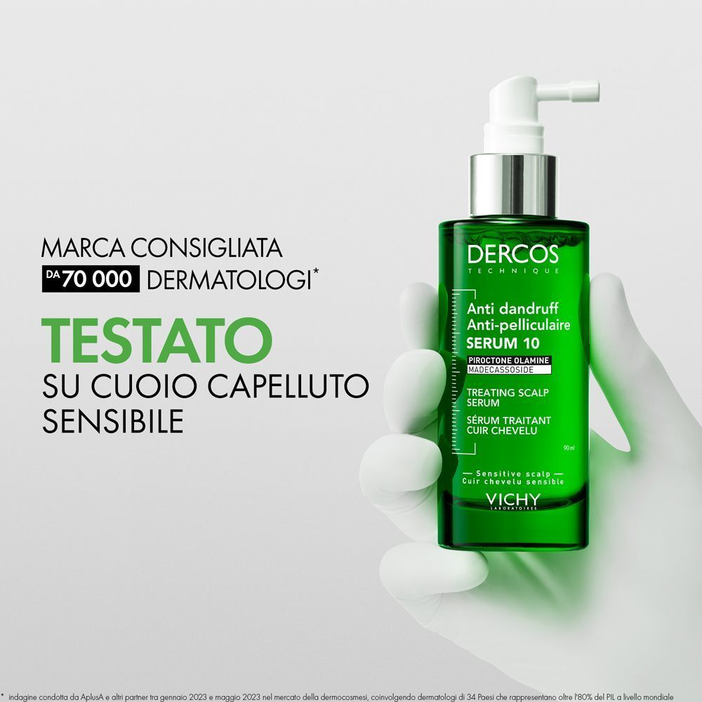 Mano tiene flacone Vichy Dercos Siero Anti-forfora 10. Marca consigliata da 70.000 dermatologi.