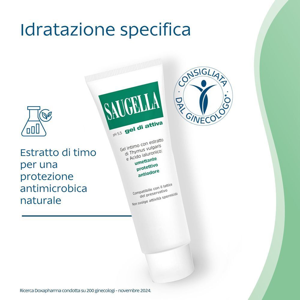 Tubo Saugella pH 5,5 Gel di Attiva con sigillo 'Consigliata dal Ginecologo'.