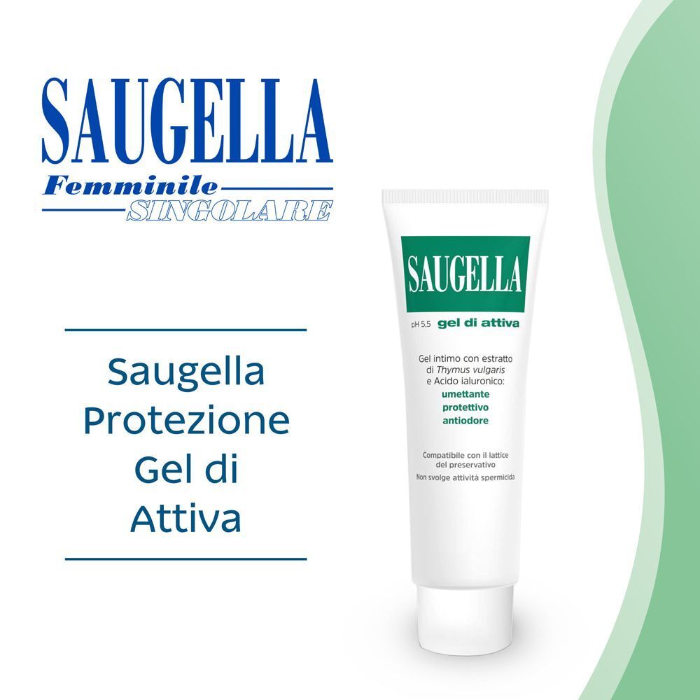Un tubo di Saugella pH 5,5 Gel di Attiva Gel intimo con etichettatura.