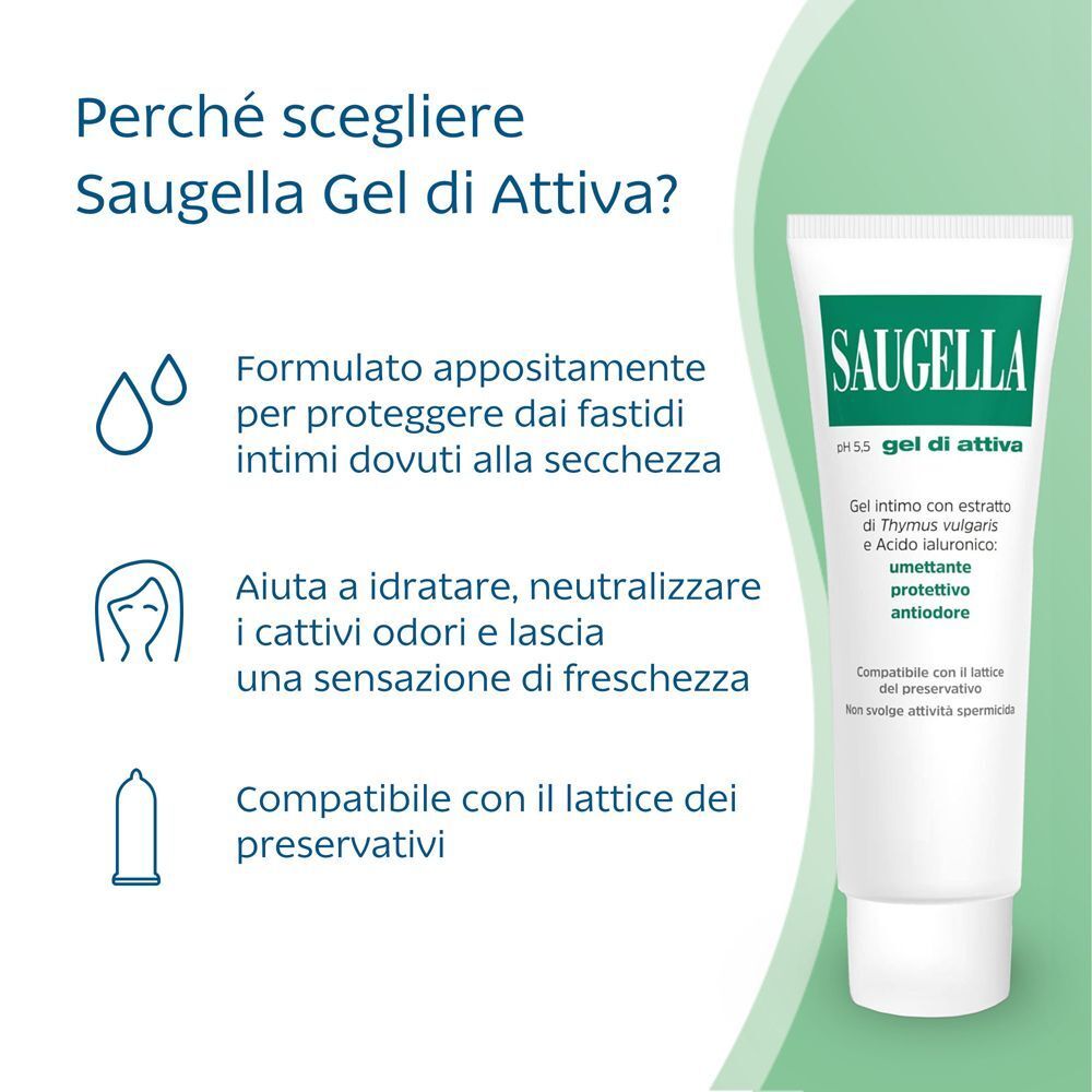 Saugella pH 5,5 Gel di Attiva Gel intimo: protezione secchezza, controllo odori, freschezza.