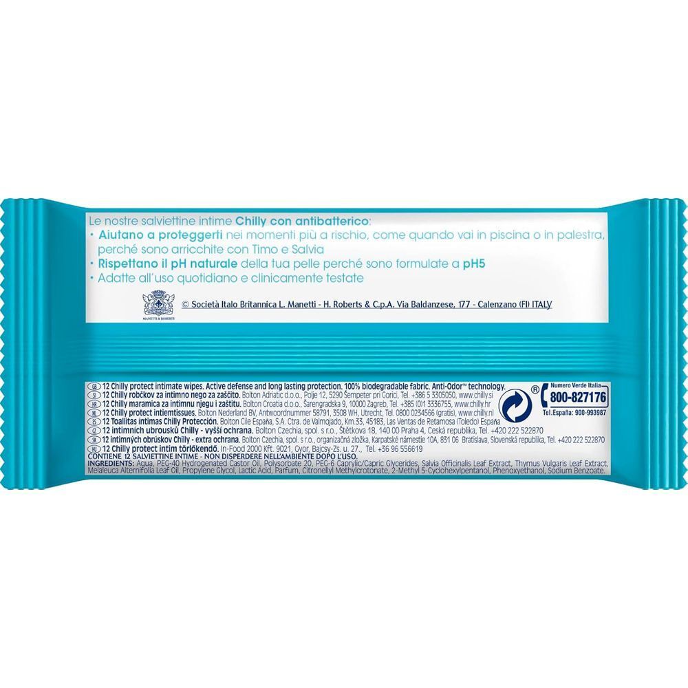 Retro della confezione Chilly Salviettine Intime con informazioni sul prodotto e ingredienti.
