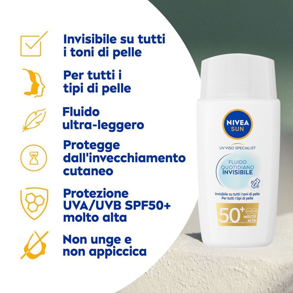 Flacone Nivea Sun Fluido Quotidiano Invisibile SPF 50+ con elenco benefici: invisibile, tutti i tipi di pelle, ultra-leggero, anti-età.