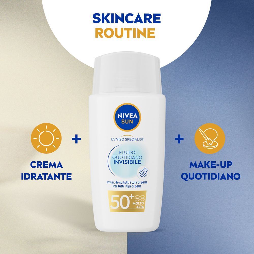 Fluido solare invisibile Nivea Sun in una routine di cura della pelle.