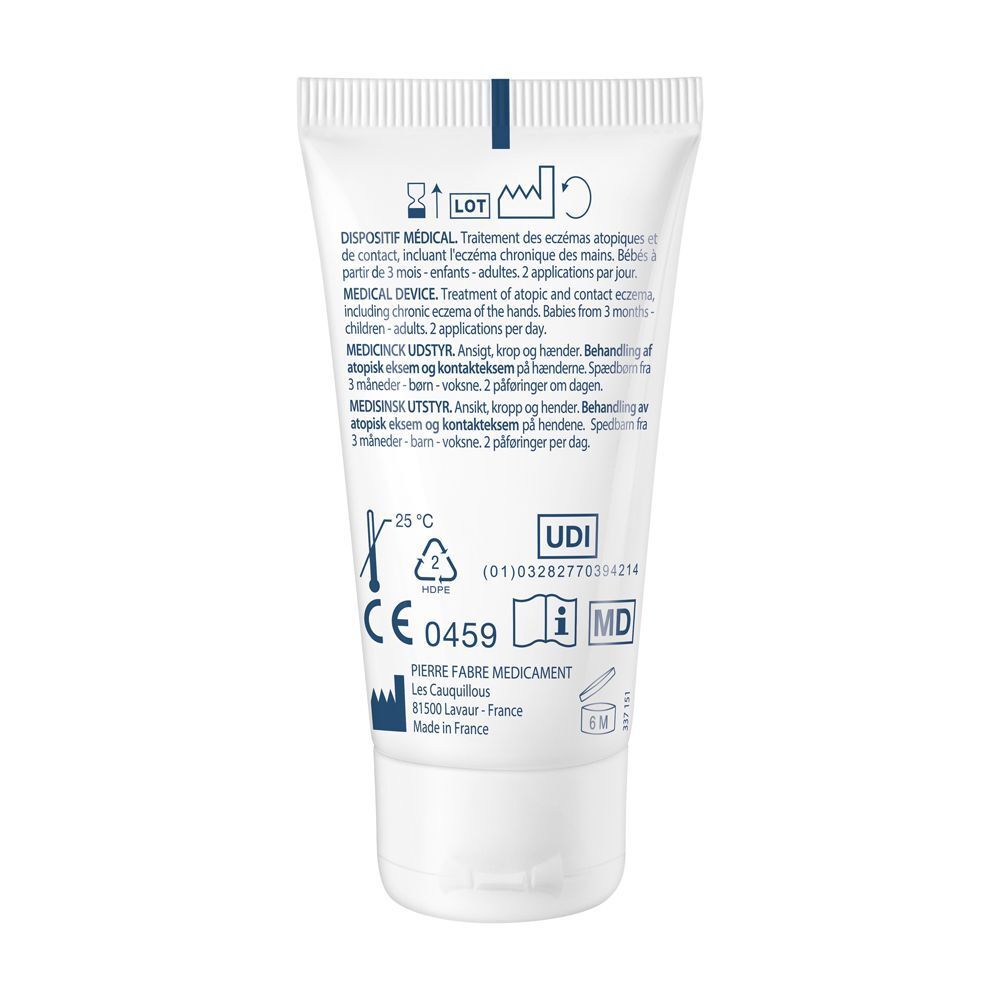 Retro di un tubo di crema Ducray Dexyane Med con marchio CE e istruzioni per l'uso.
