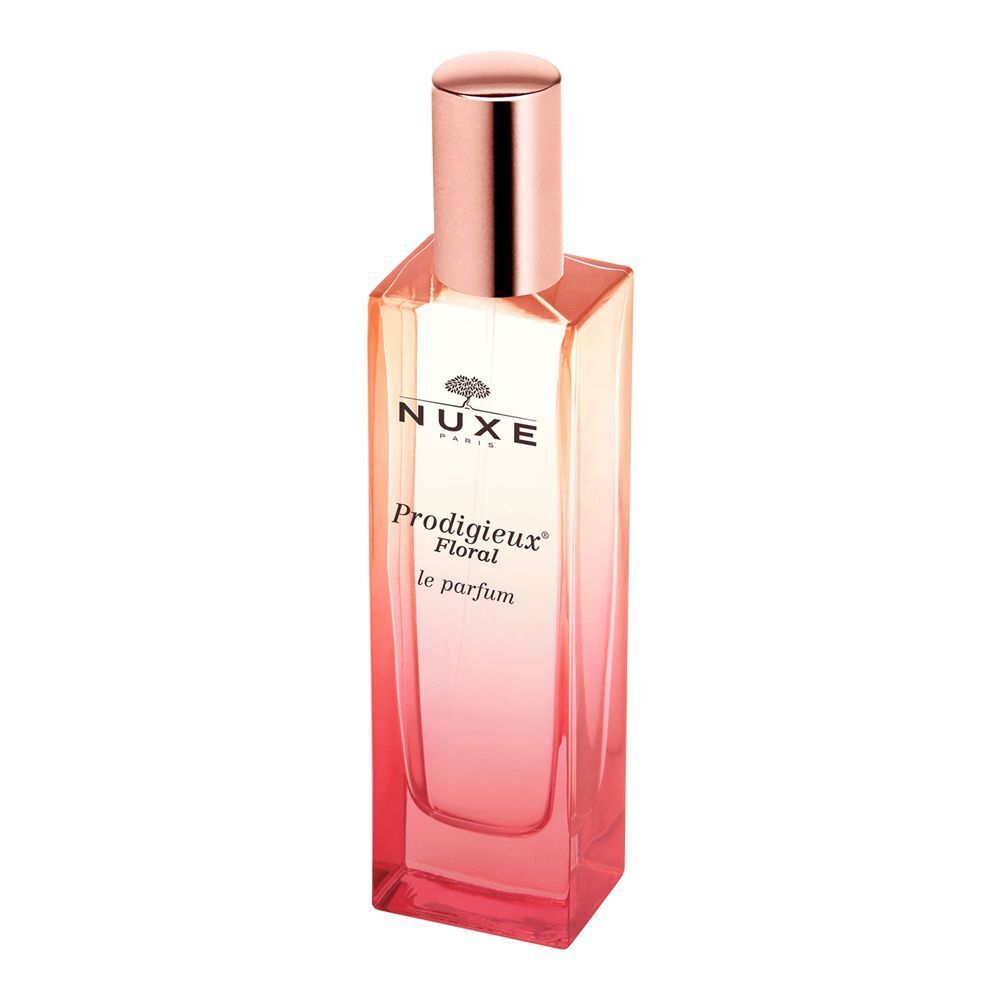 Un flacone di Nuxe Prodigieux Floral Le Parfum con tappo color oro rosa.