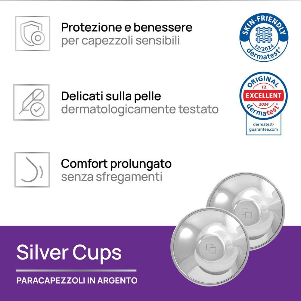 COVERbasics Silver Cups: Protezione, delicatezza, comfort. Testato dermatologicamente. Sigilli: Skin-Friendly, Dermates.