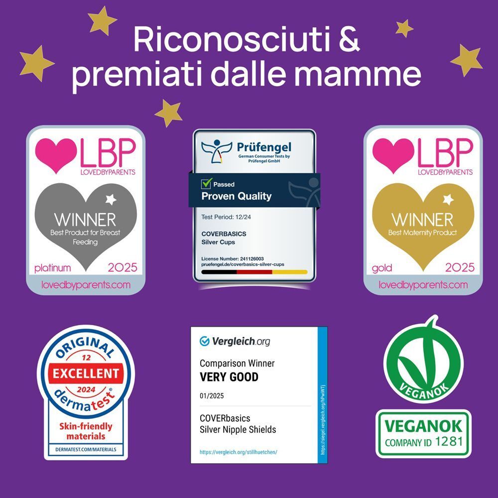 Premi per COVERBASICS Silver Cups: Winner Best Product for Breastfeeding, Very Good, Excellent, Veganok.