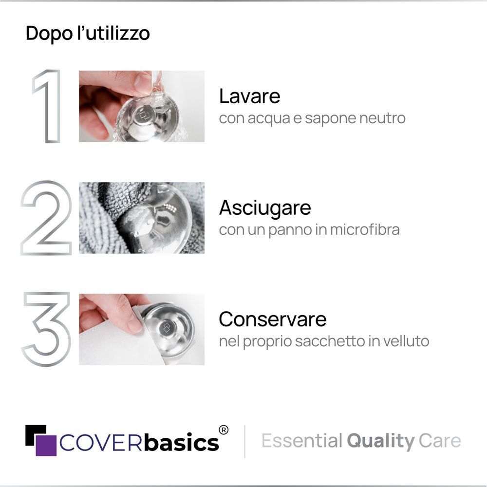Istruzioni per la cura delle COVERBASICS Silver Cups: Lavare, asciugare, conservare nel sacchetto di velluto.