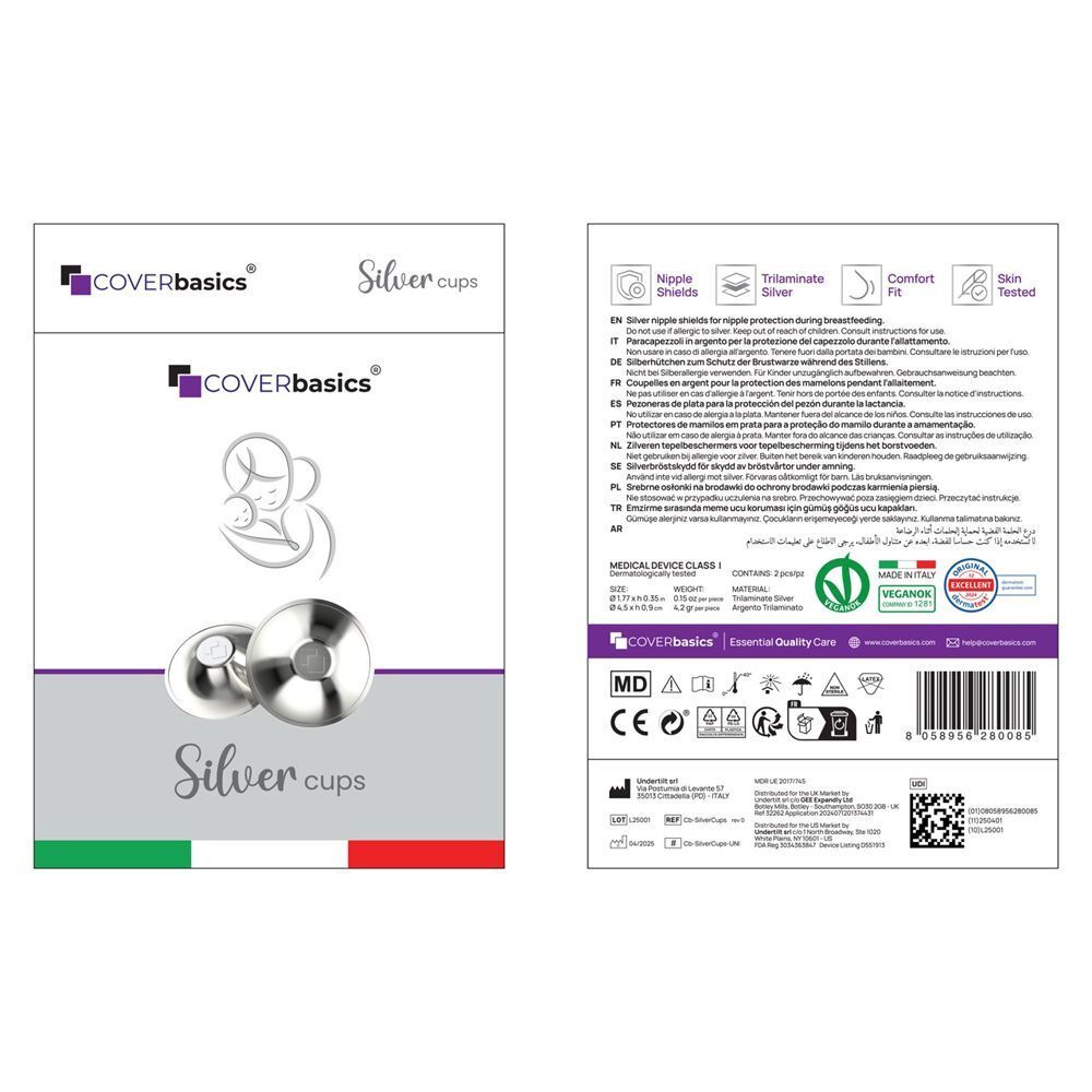 Confezione COVERBASICS Silver Cups: Fronte con immagine prodotto, retro con dettagli e sigilli.