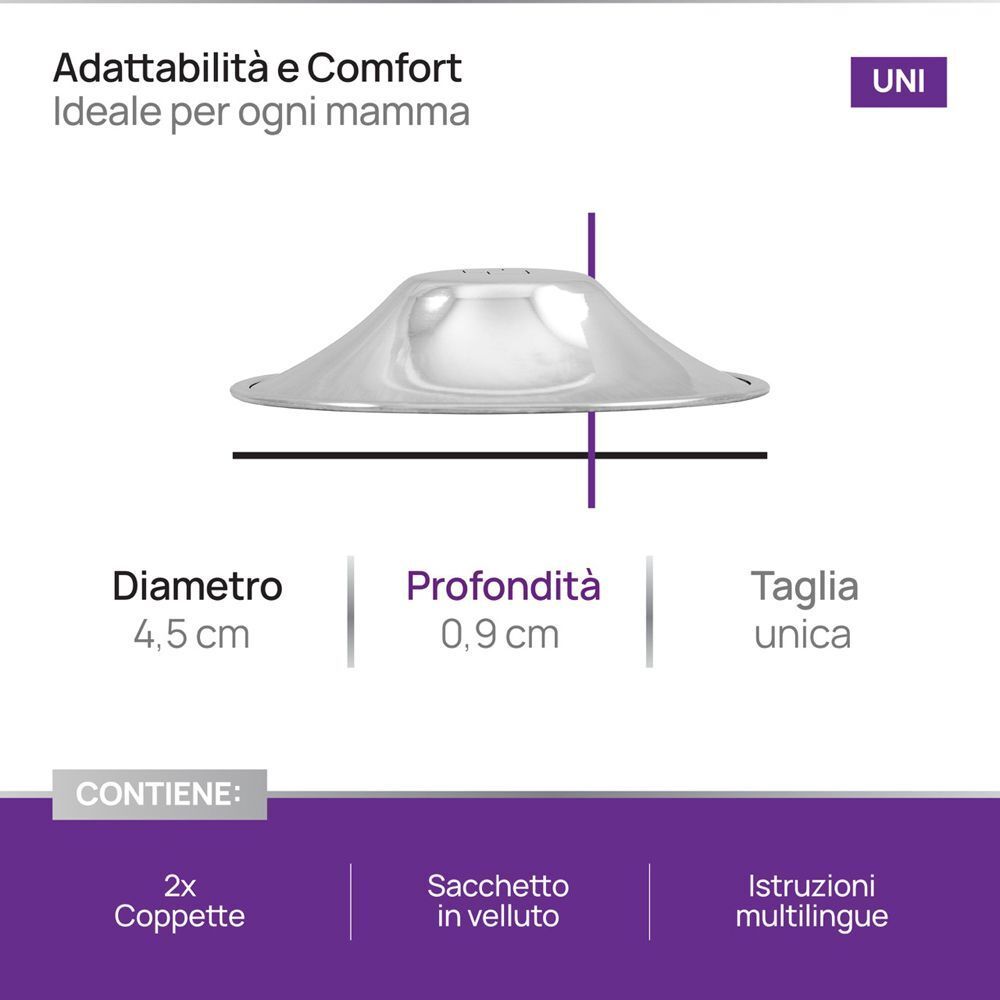 COVERbasics Silver Cups: Diametro 4,5 cm, profondità 0,9 cm. Contiene 2 coppette, sacchetto velluto, istruzioni.
