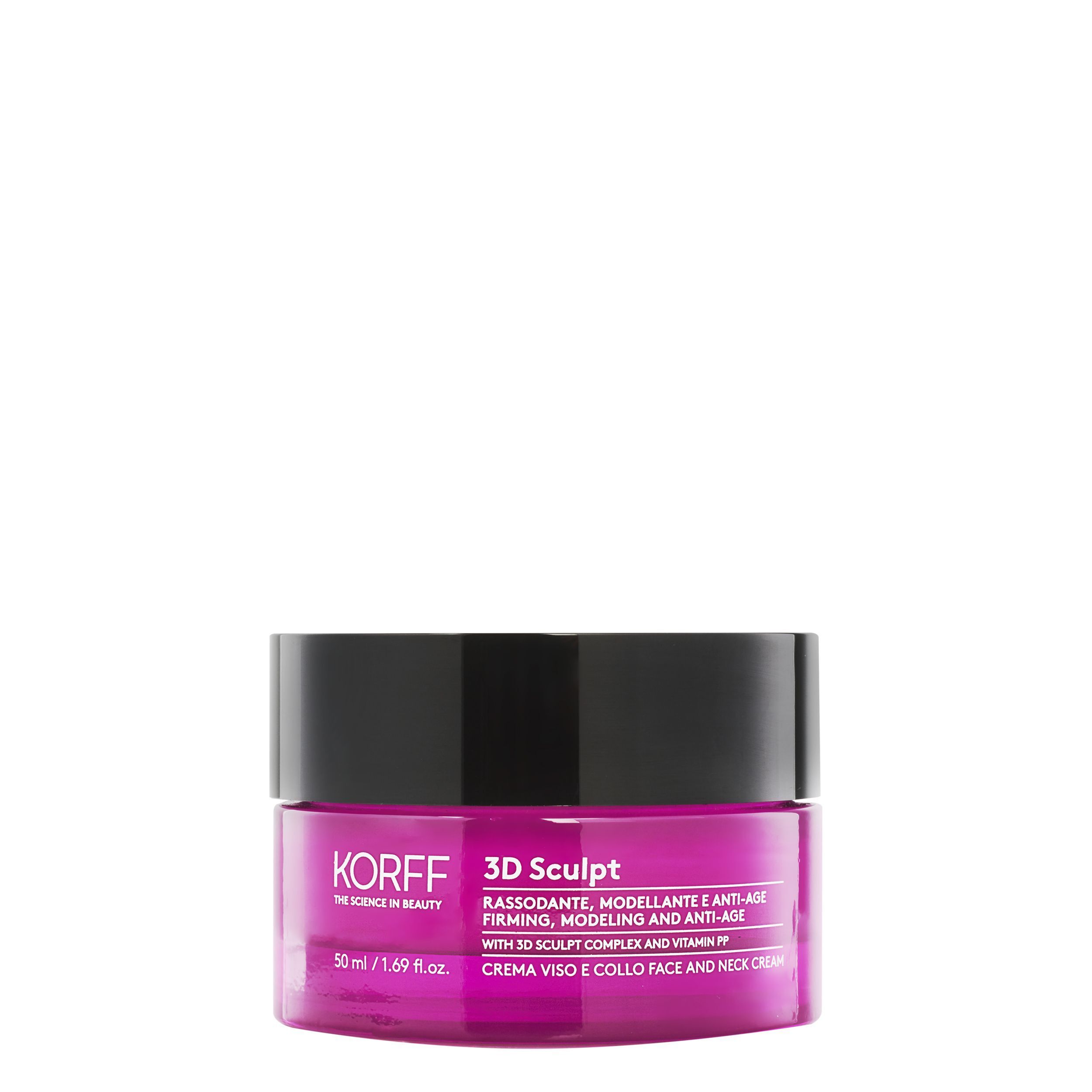 Un vasetto di crema KORFF 3D Sculpt viso e collo con tappo nero ed etichetta viola.