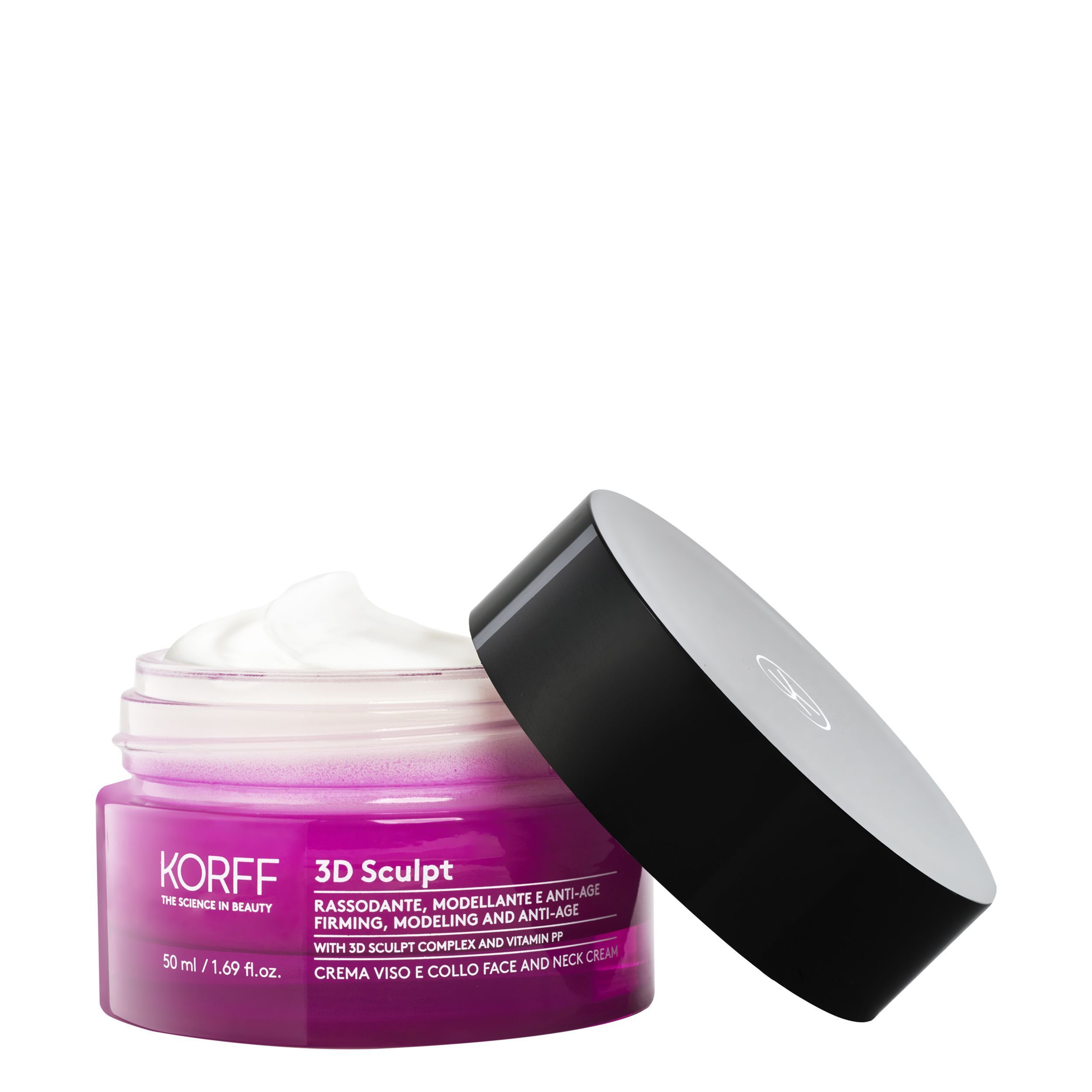 Un vasetto aperto di crema viso e collo KORFF 3D Sculpt con crema bianca e coperchio nero.