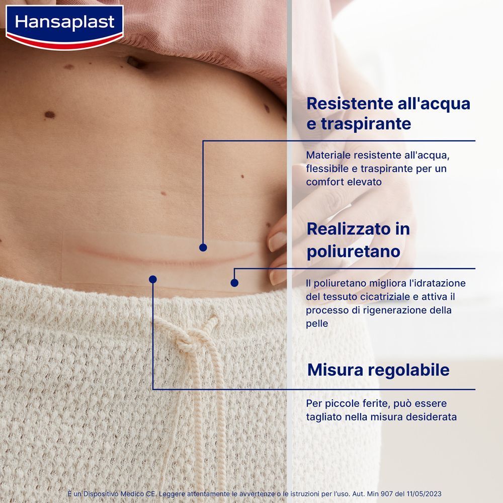 Pancia con cicatrice, cerotto Hansaplast: resistente all'acqua, traspirante, in poliuretano, tagliabile.