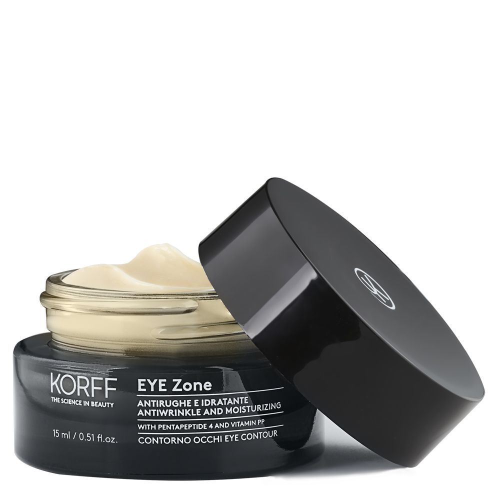 Vasetto KORFF EYE Zone aperto con crema e coperchio.