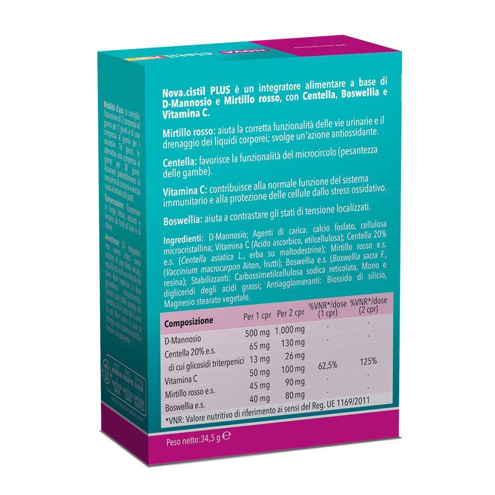 Retro di una confezione NOVA.CISTIL PLUS con elenco ingredienti e informazioni nutrizionali.