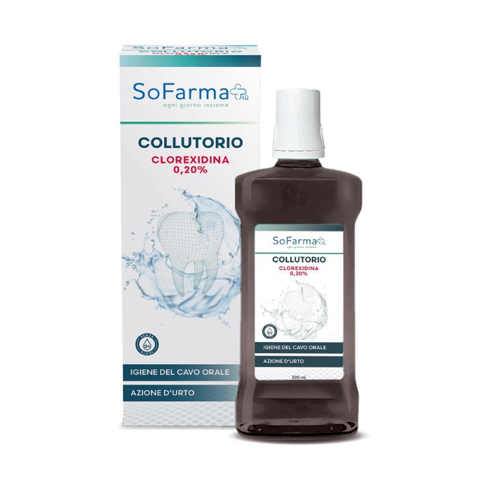 Flacone e scatola di collutorio Clorexidina 0,20%. Scatole bianche con grafica dentale.