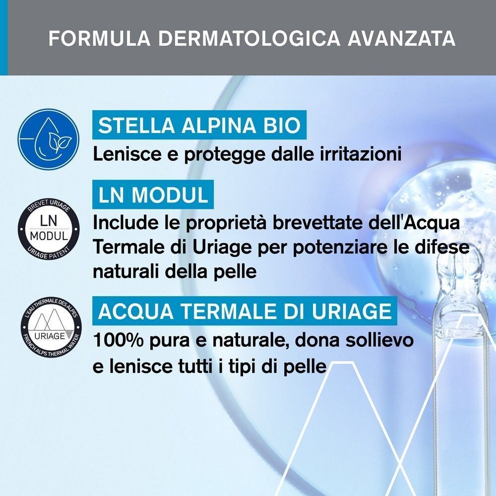 Formula Uriage con Stella Alpina Bio, LN Modul e Acqua Termale per la pelle.
