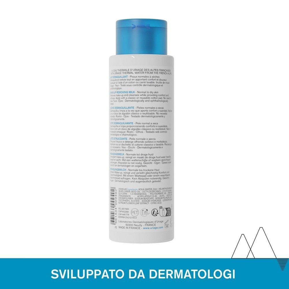 Retro di un flacone di Latte Struccante URIAGE con ingredienti e istruzioni.